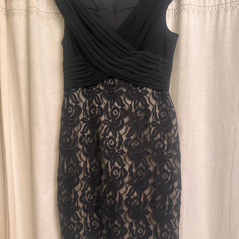 Liliana Black Lace Overlay Midi Dress with Nude Lining